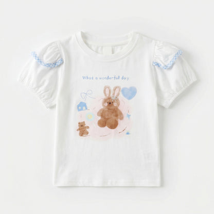 Bunny Print Short Sleeve Blue Plaid Bubble Suit Girl