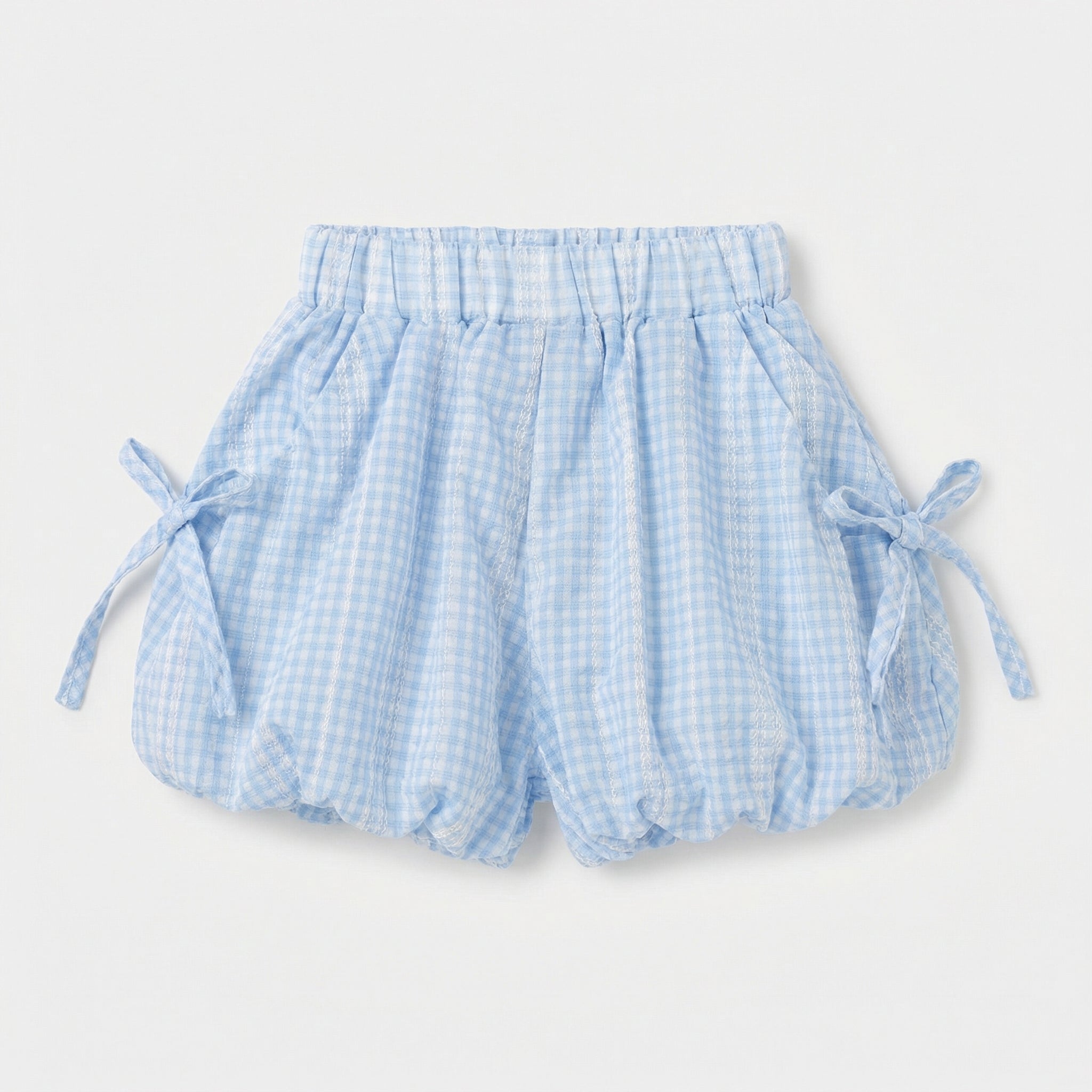Bunny Print Short Sleeve Blue Plaid Bubble Suit Girl