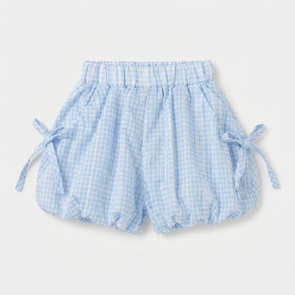 Bunny Print Short Sleeve Blue Plaid Bubble Suit Girl