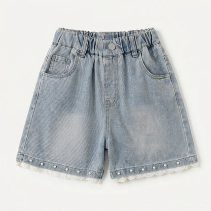 Beaded Lace Trim Denim Shorts Denim Girl
