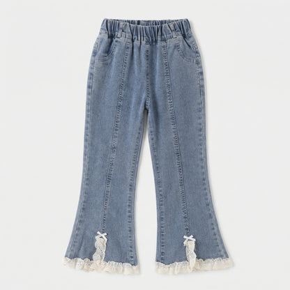 Lace Trim Bow Flared Denim Girl