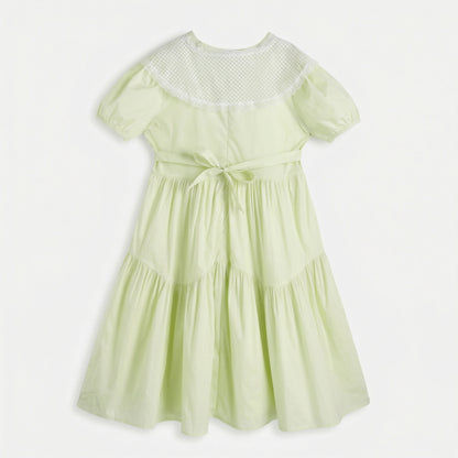 Short Sleeve Ribbon Tie Lace Collar A-line Dress Girl