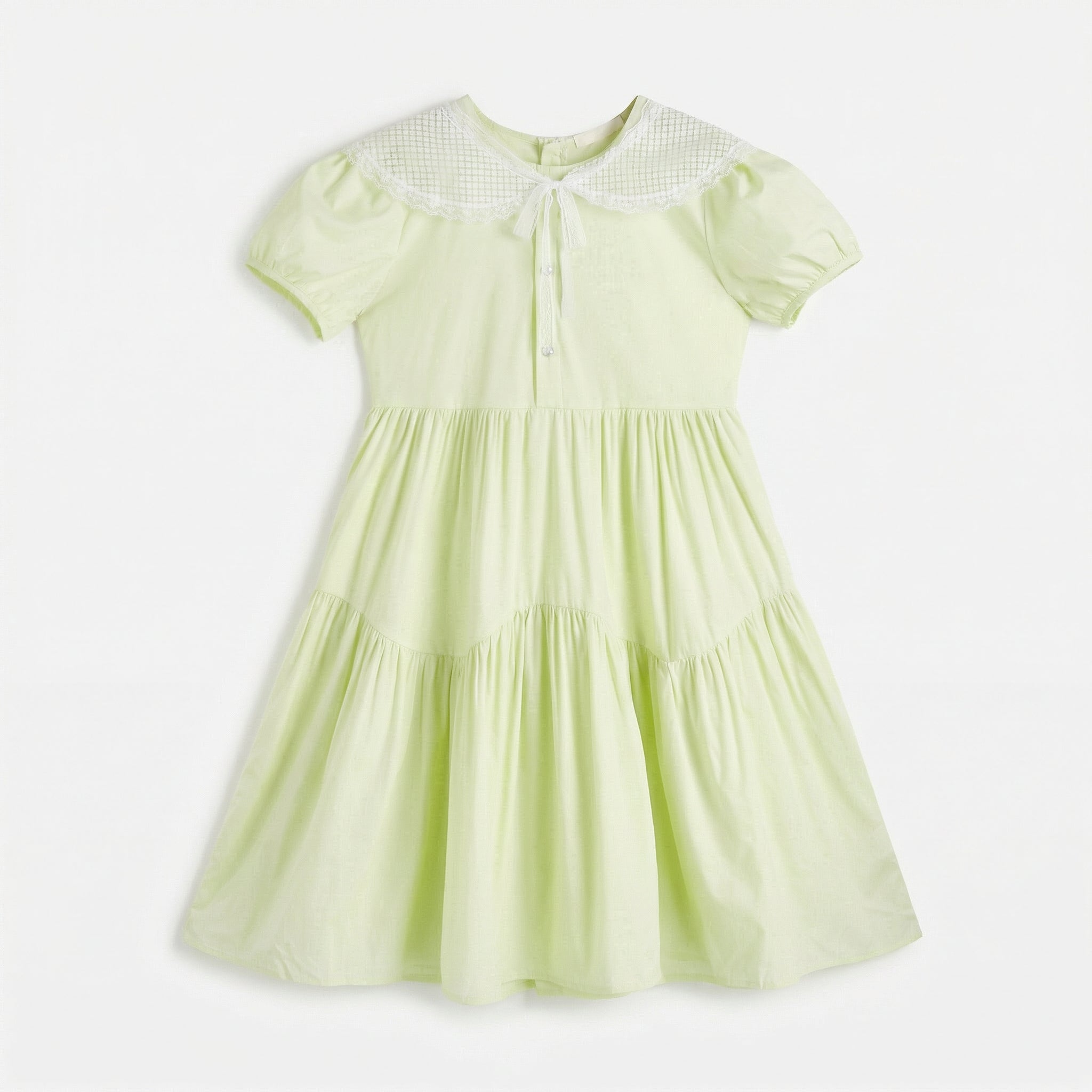 Short Sleeve Ribbon Tie Lace Collar A-line Dress Girl
