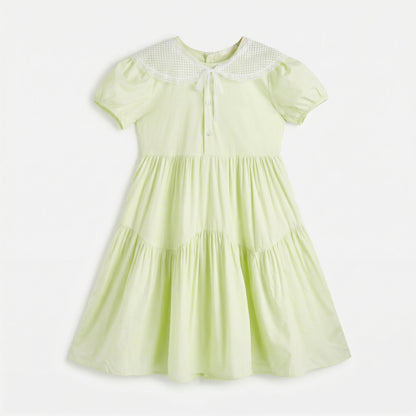 Short Sleeve Ribbon Tie Lace Collar A-line Dress Girl