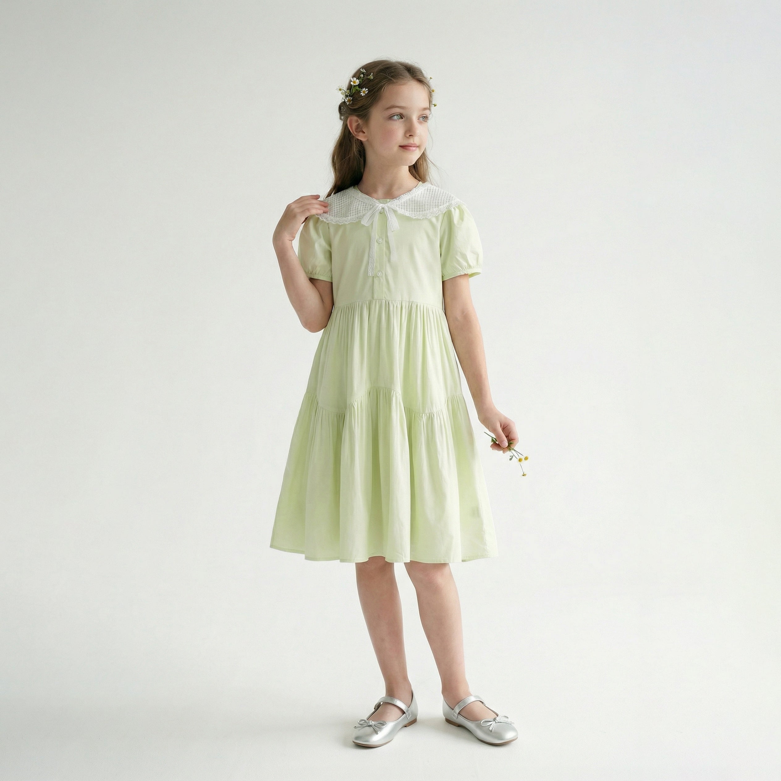 Short Sleeve Ribbon Tie Lace Collar A-line Dress Girl