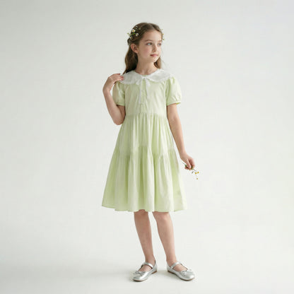 Short Sleeve Ribbon Tie Lace Collar A-line Dress Girl