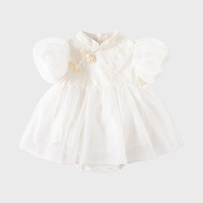 New Chinese Frog Button Lace Puff Sleeve Dress Girl