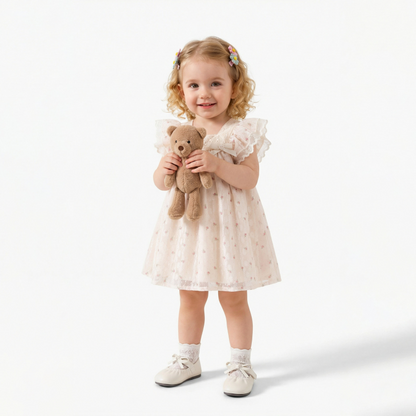 Rose Flutter Sleeve Tulle Dress Girl