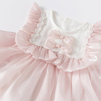 Double Bow Cloud Tulle Princess Dress Pink Girl