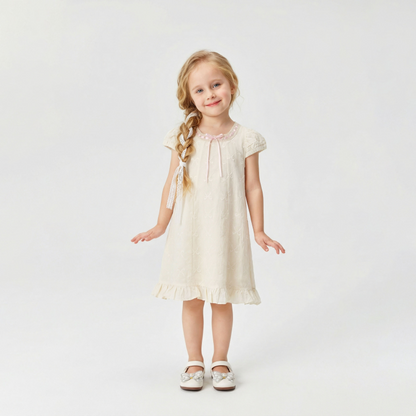 Embroidery Bow Collar Dress Girl