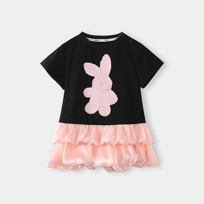 Cartoon Print Sweet Patchwork Bubble Dress Black Girl