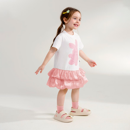 Cartoon Print Sweet Patchwork Bubble Dress Pink Girl