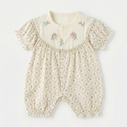 Round Neck Five-flower Embroidery Short Sleeve Jumpsuit Girl