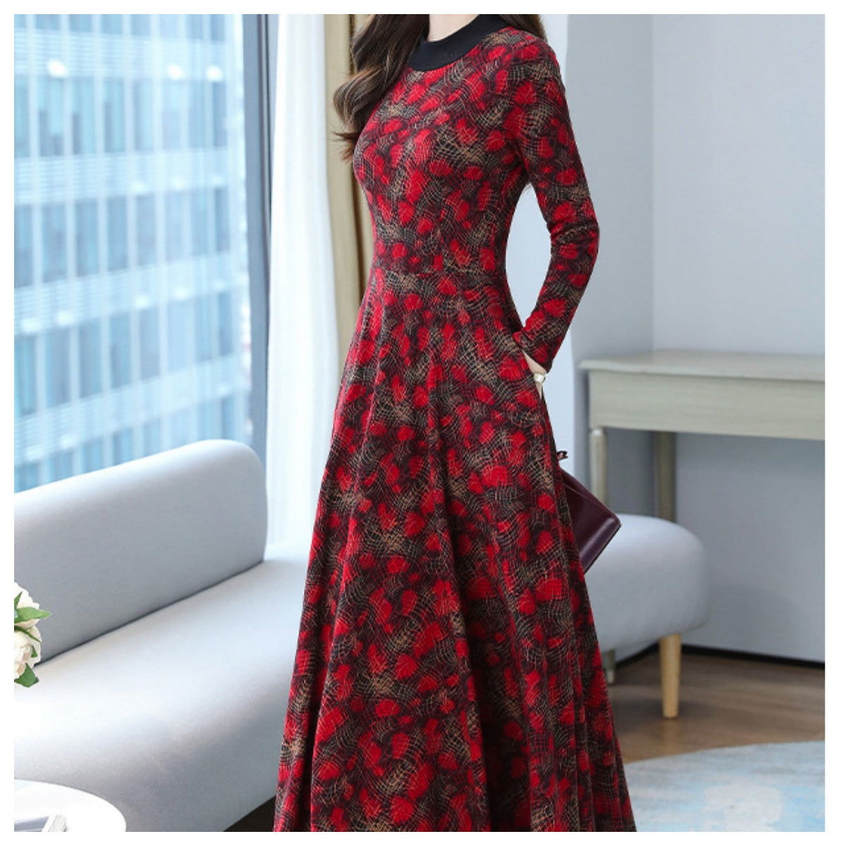 Warm mother's velvet dress knee-length dress