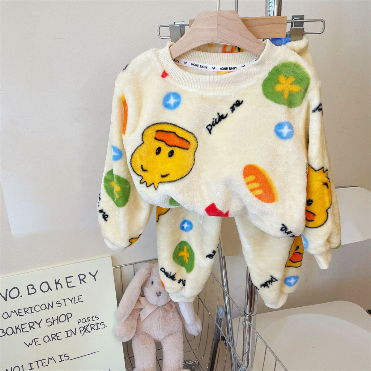 Flannel Pajamas Children's Coral Fleece Boys Girls Baby Cartoon Round Neck Home Clothes Plush Thickened Set