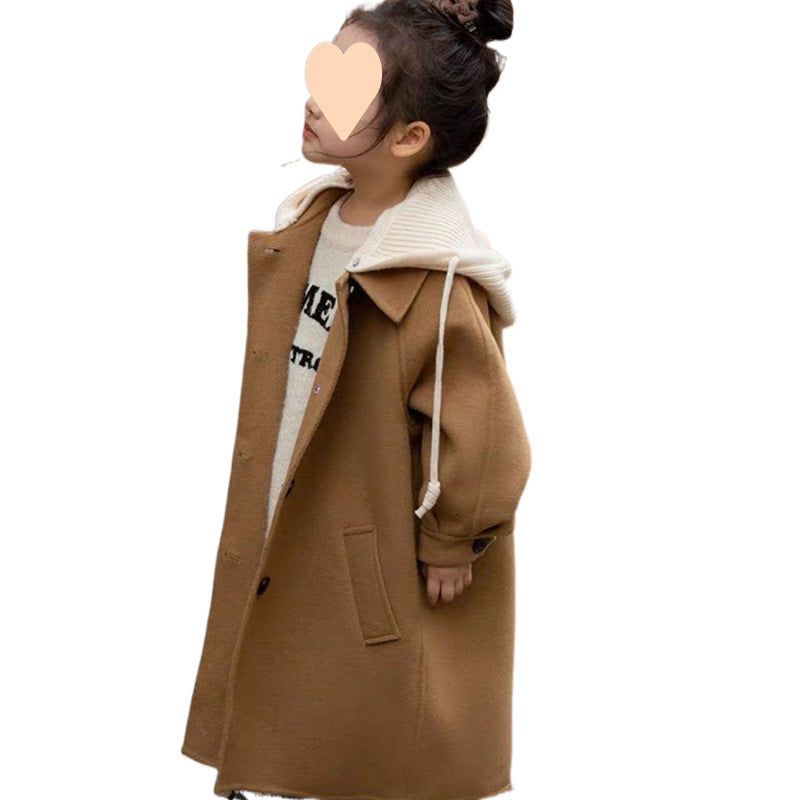 Girls woolen coat with hood, medium-length coat (hood is removable)