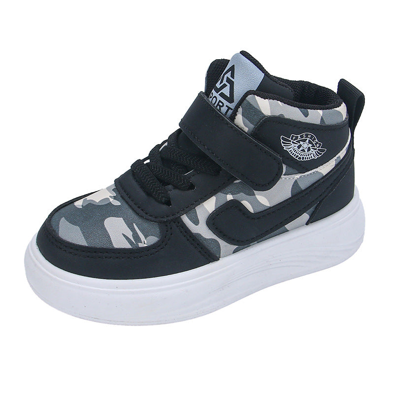 Middle and large boys spring and autumn camouflage sports style Velcro non-slip high-top sneakers