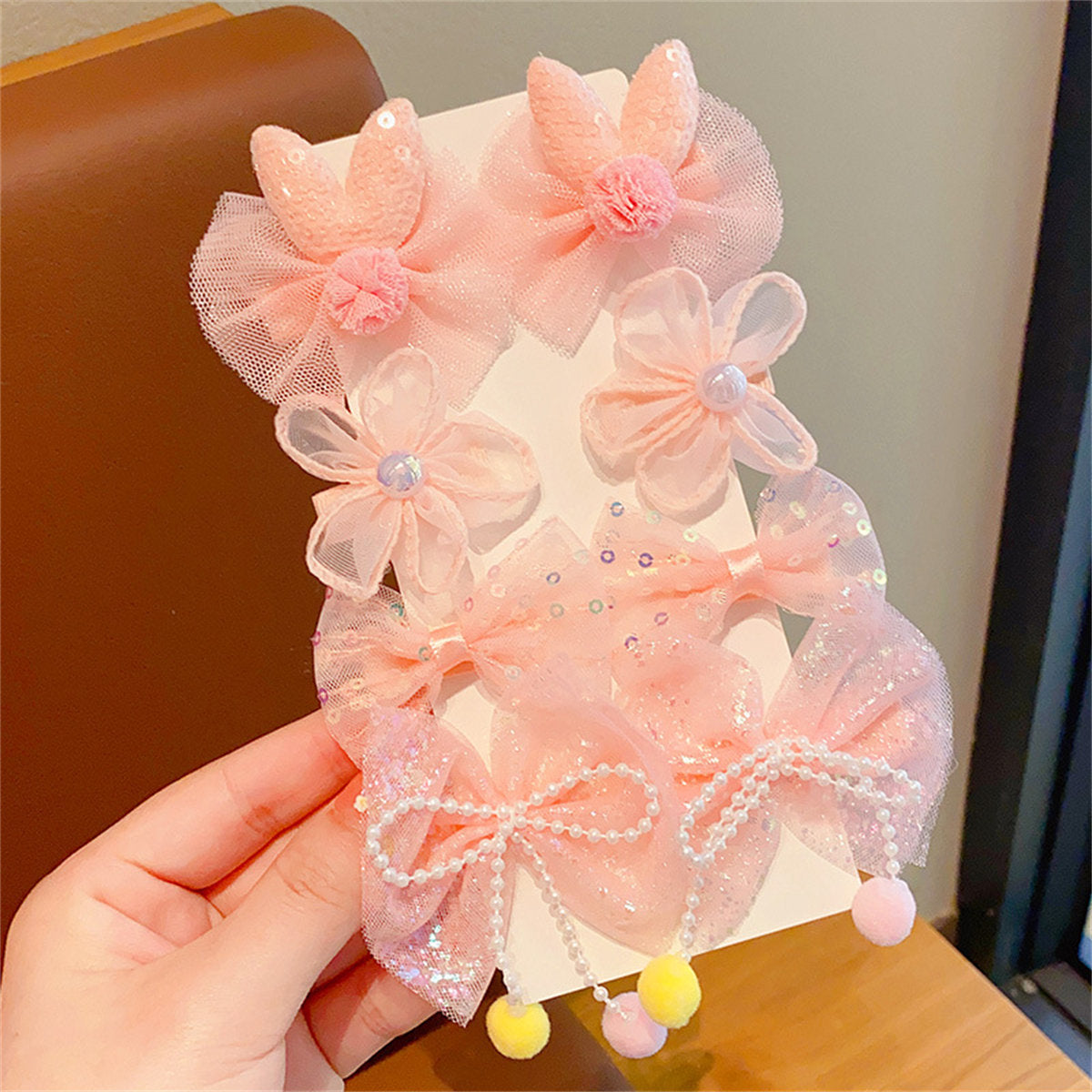 Children's 8-piece set of cute flower bow sweet style fabric hairpins that do not damage the hair