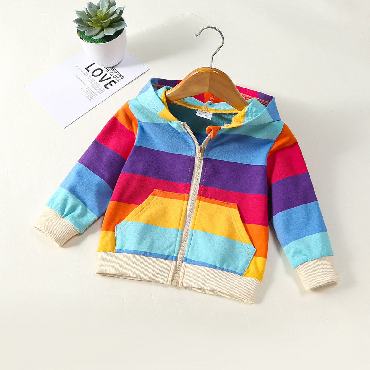 Baby Girls Fashion Casual Rainbow Striped Knitted Fabric Hooded Round Neck Long Sleeve Zipper Jacket Hoodie Autumn Winter