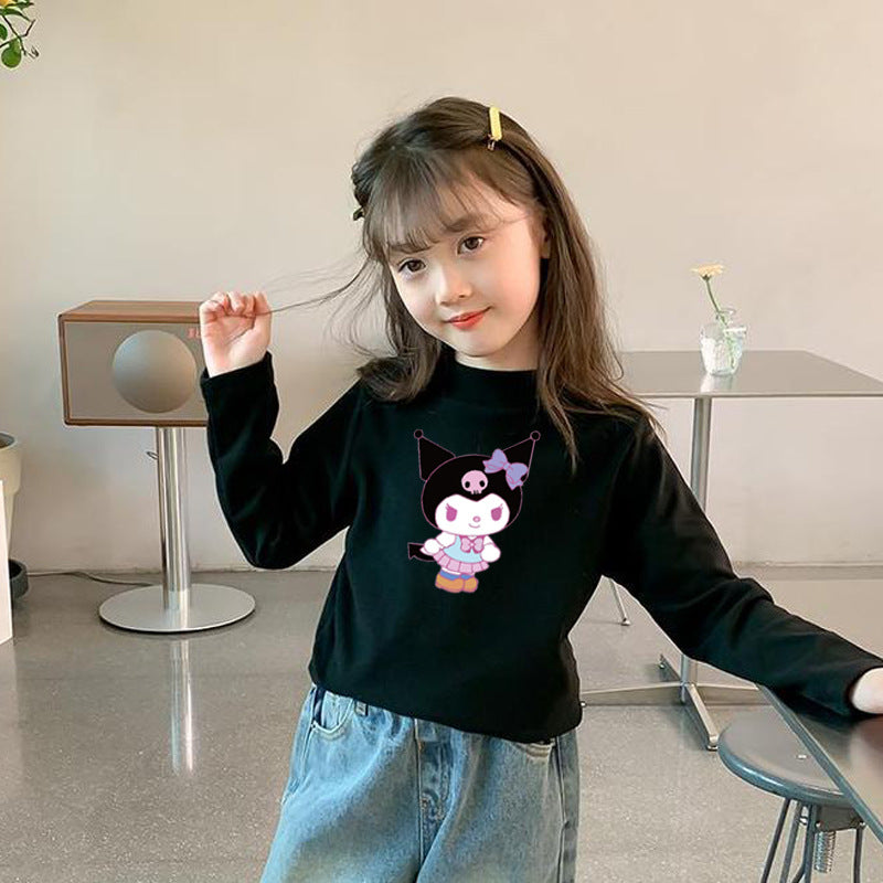 Girls&#39; German velvet half turtleneck bottoming shirt with cartoon print inner wear