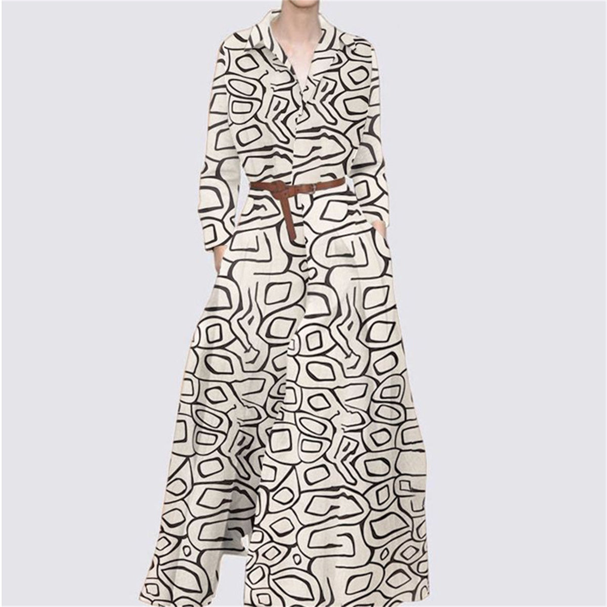 Lapel Printed Long Sleeve Ladies Bohemian Beltless Dress