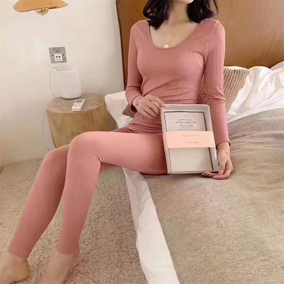 Vertical Stripe Thermal Underwear Set Women's Thermal Clothes Slim Homewear