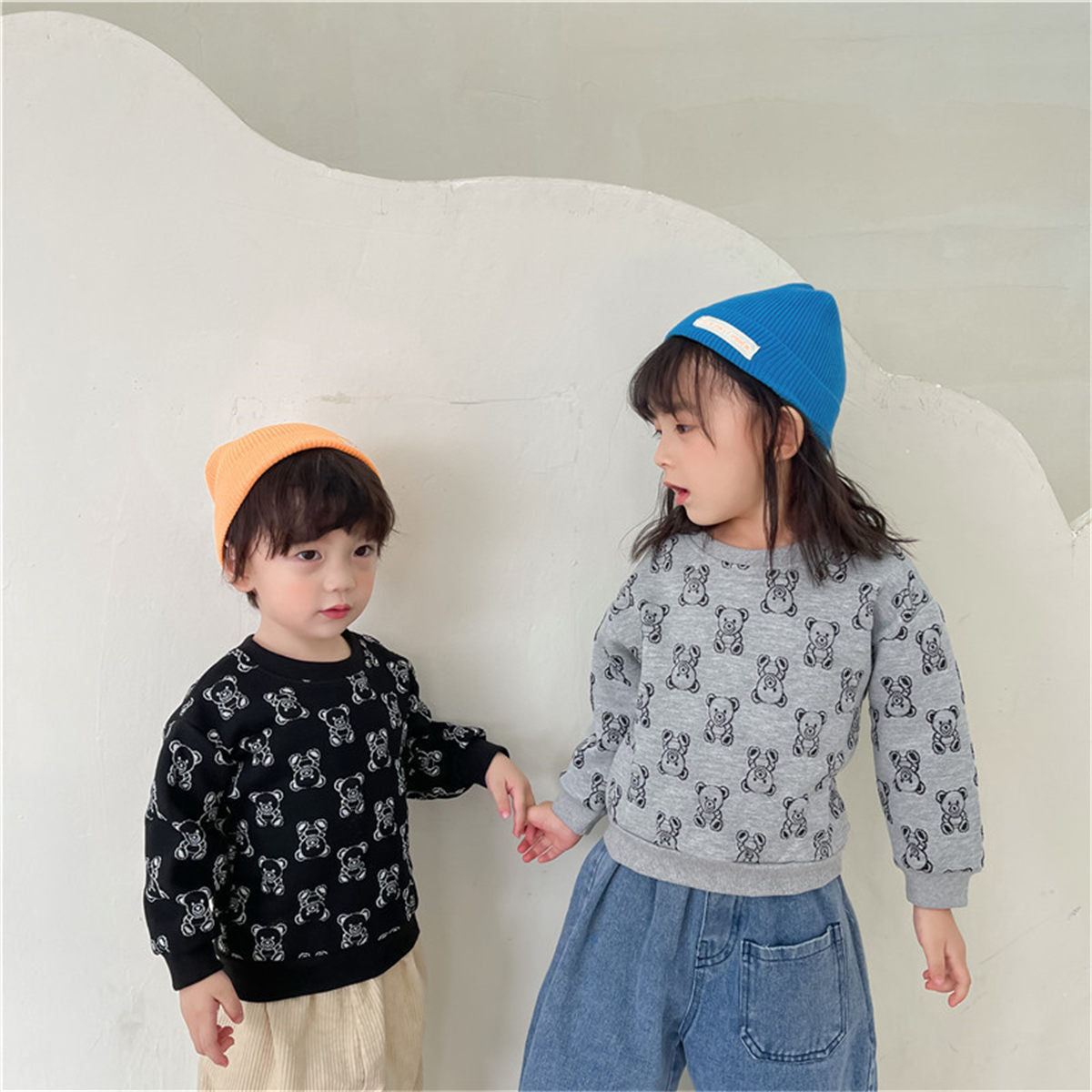 Children's Bear Terry Pullover Sweater Spring and Autumn New Girls Round Neck Long Sleeve Bottoming Shirt Boys T-shirt Children's Clothing