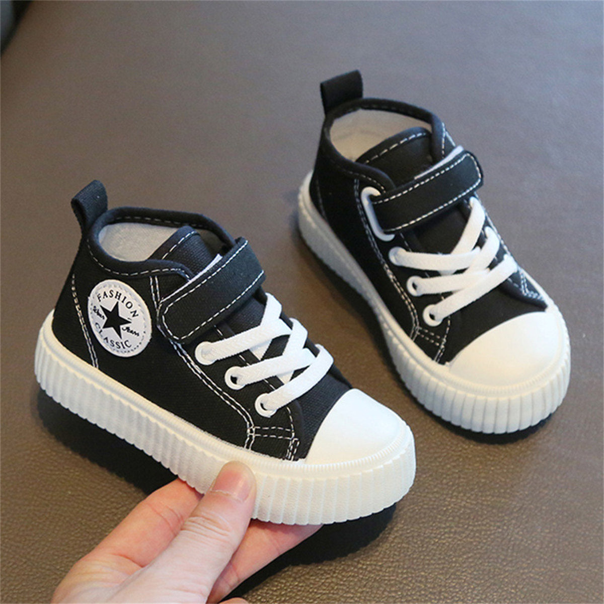 Children's and boys' spring and autumn pure color simple casual style Velcro high-top canvas shoes