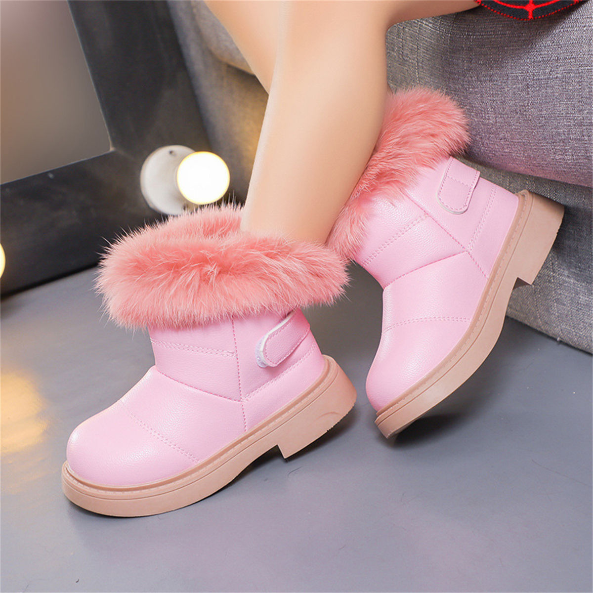 Children's girls winter plush solid color cute plush edge waterproof cotton boots