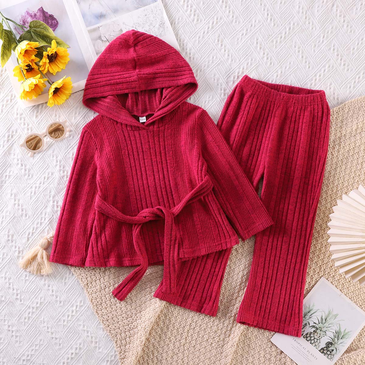 Girls' suit long-sleeved knitted casual pullover multi-color flared trousers sweatshirt two-piece suit