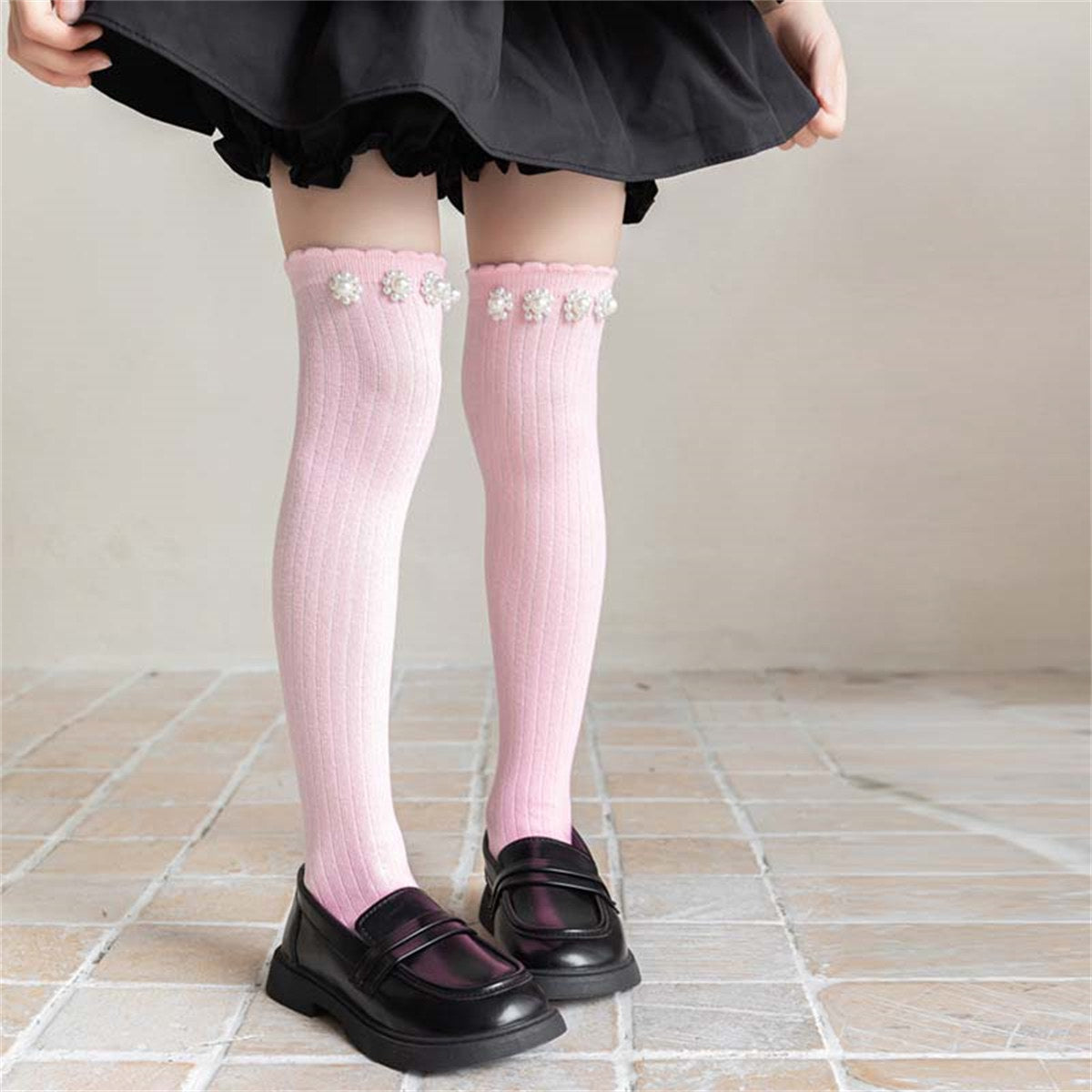 Girls Princess Sweet Style Flower Pearl Stockings