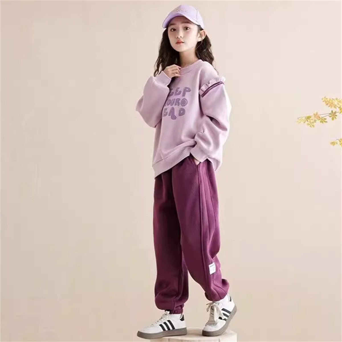 2-piece set for medium and large children and girls, simple and elegant style, letter style, small ruffled sweater suit