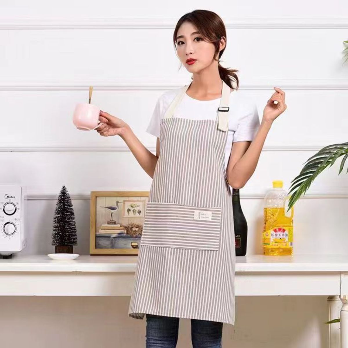 Cotton and Linen Striped Housework Breathable Kitchen Apron