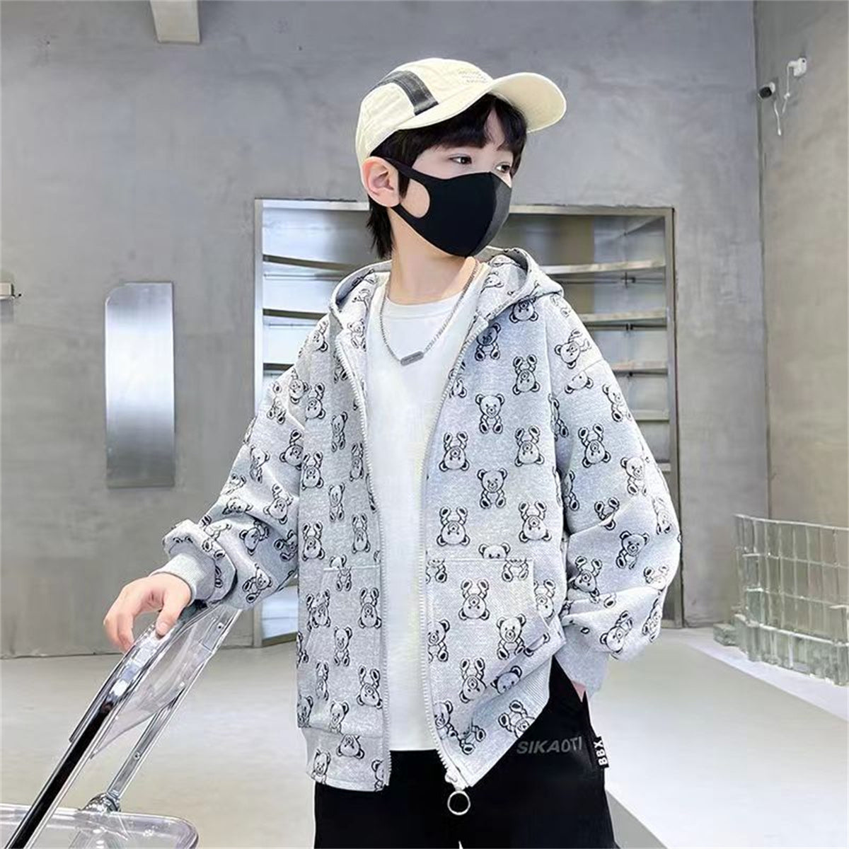 Boys' Hooded Jacket for Middle and Large Children Fashionable Full Printed Casual Outdoor Cardigan Tops