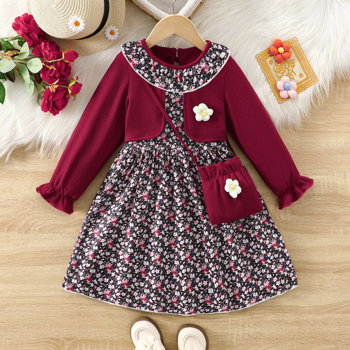 Girls Floral Dress Knitted Splicing Top Princess Dress Autumn Ruffles