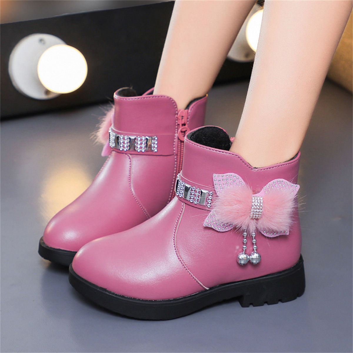 Cute furry and diamond warm waterproof Martin boots for girls in winter