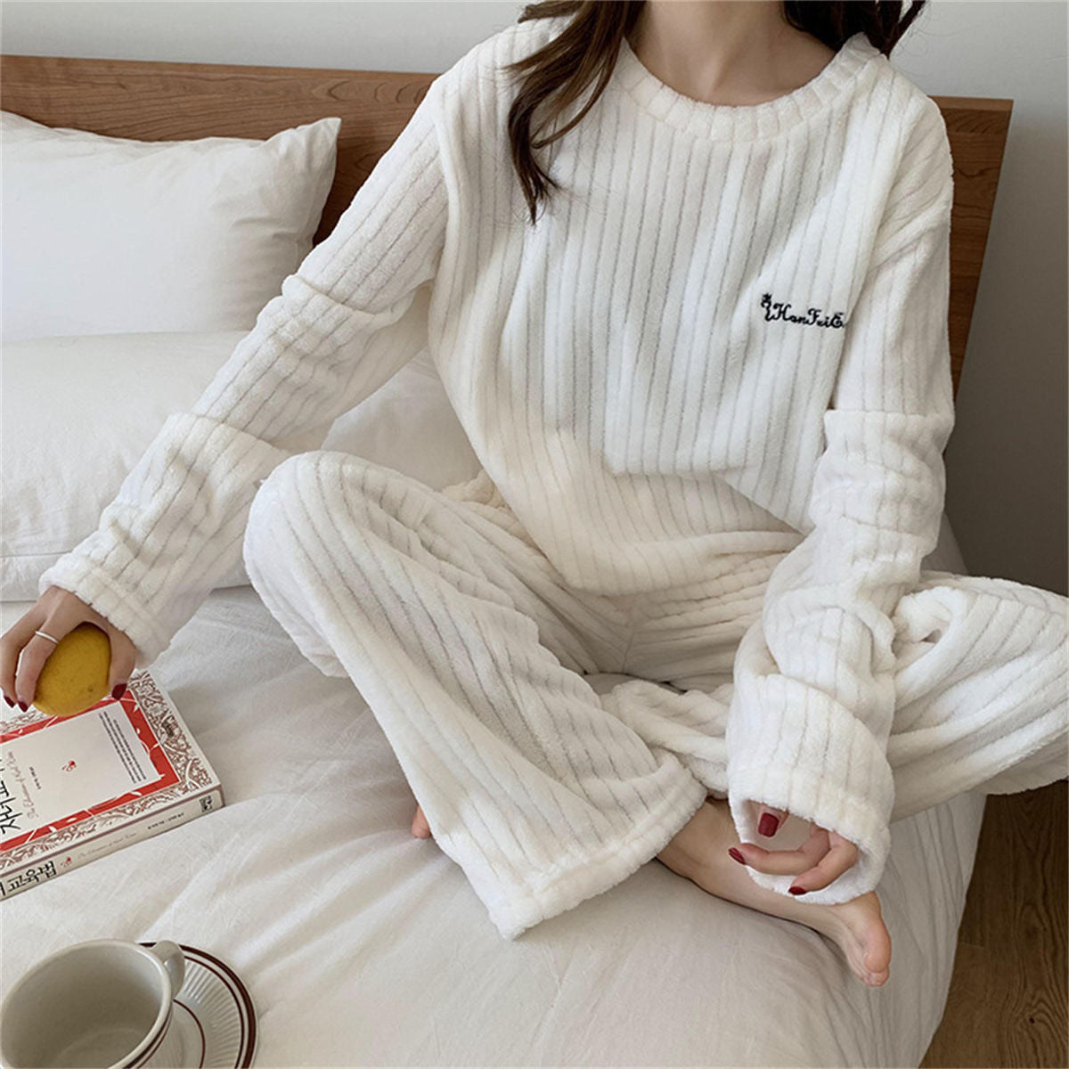 Coral Fleece Pajamas Women's Long Sleeve Thickened Home Clothes Peach Comfort Cotton Set