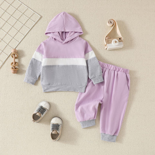 Baby girl spring and autumn casual sports style splicing long-sleeved hooded sweatshirt + long pants two-piece set