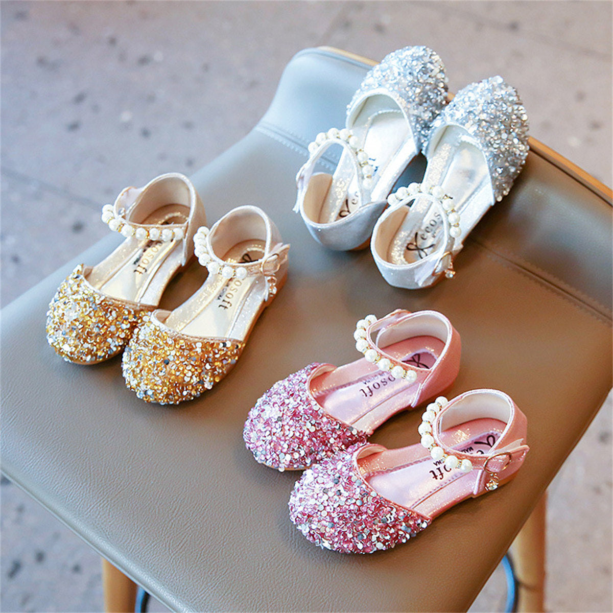 Little girl princess style sequined ladies pearl style sweet flat leather shoes