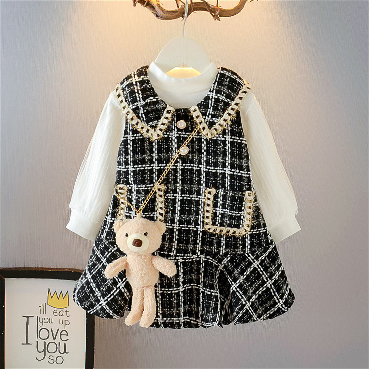 Girls' Chanel style suits spring and autumn dresses baby's first birthday dress vest dress two-piece suit