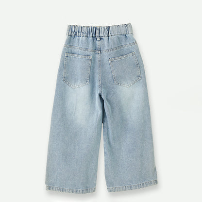 4-9 Years Embroidered Denim Wide-Leg Pants
