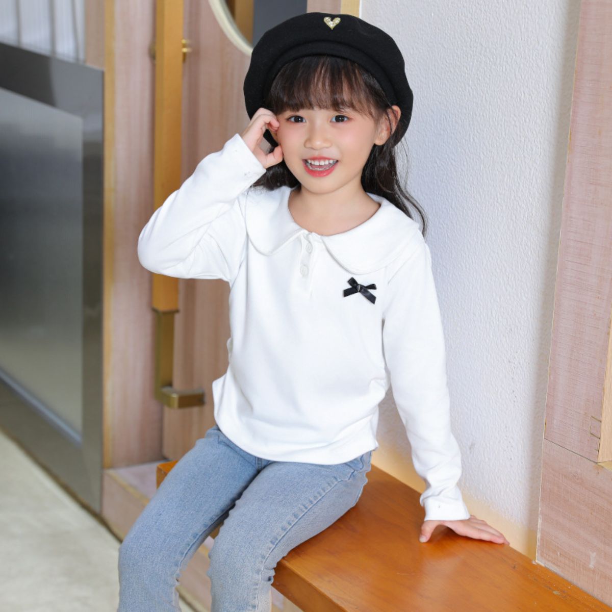 Children's autumn and winter doll collar bottoming shirt for girls fashionable and versatile long-sleeved T-shirt baby sweet top