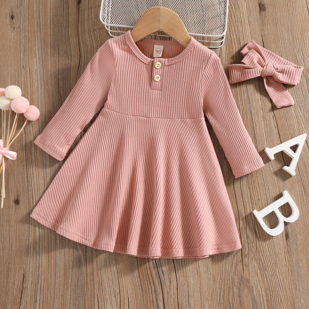 Girls round neck buttoned solid color casual comfortable ribbed long sleeve dress