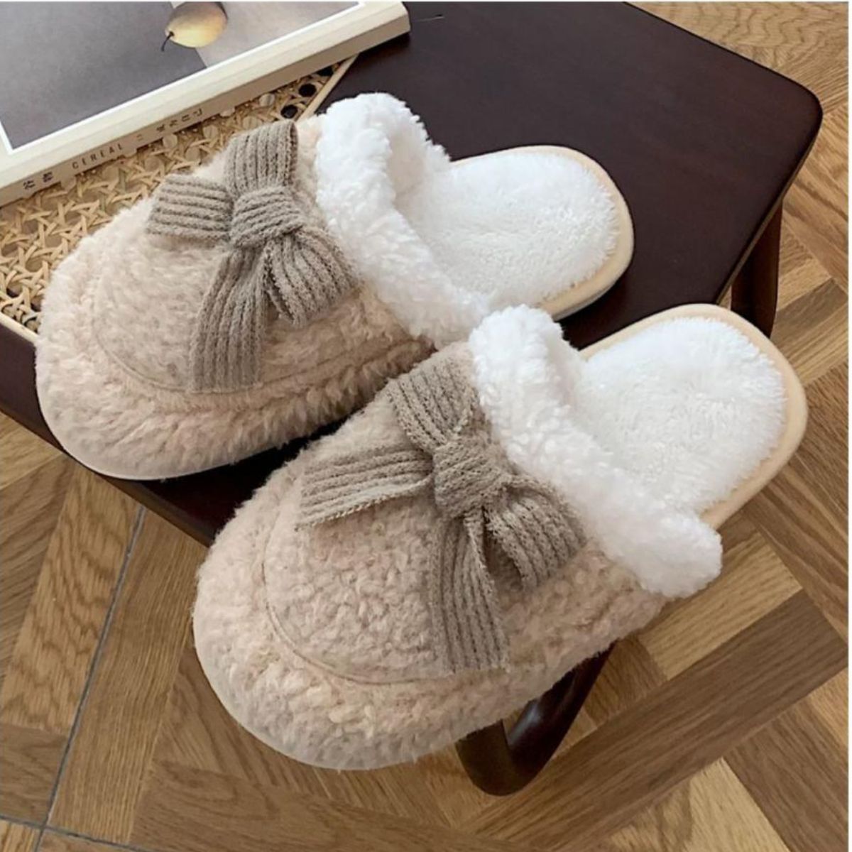 Bowknot warm non-slip plush cotton slippers