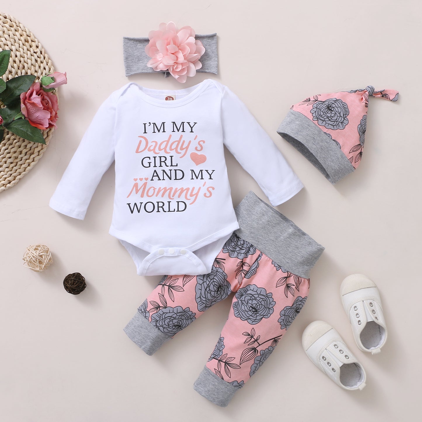 Baby Girl Letter Printed Romper & Floral Pants & Headband With Hat 4 Pcs