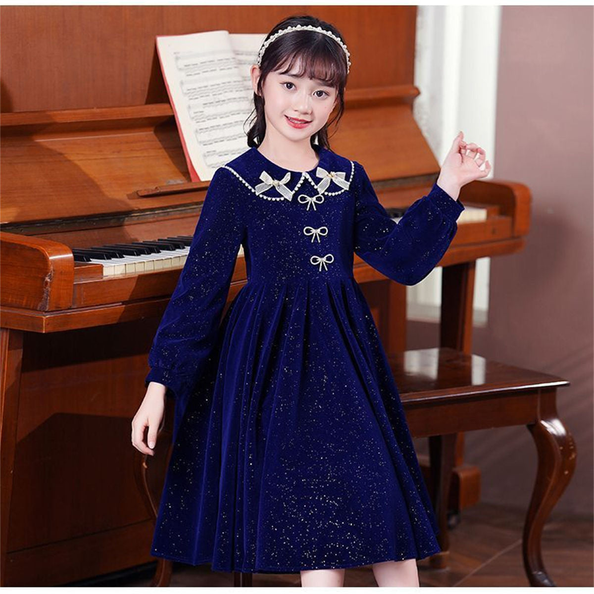 Winter solid color exquisite lady style shiny bow long sleeve dress for middle and large children girls