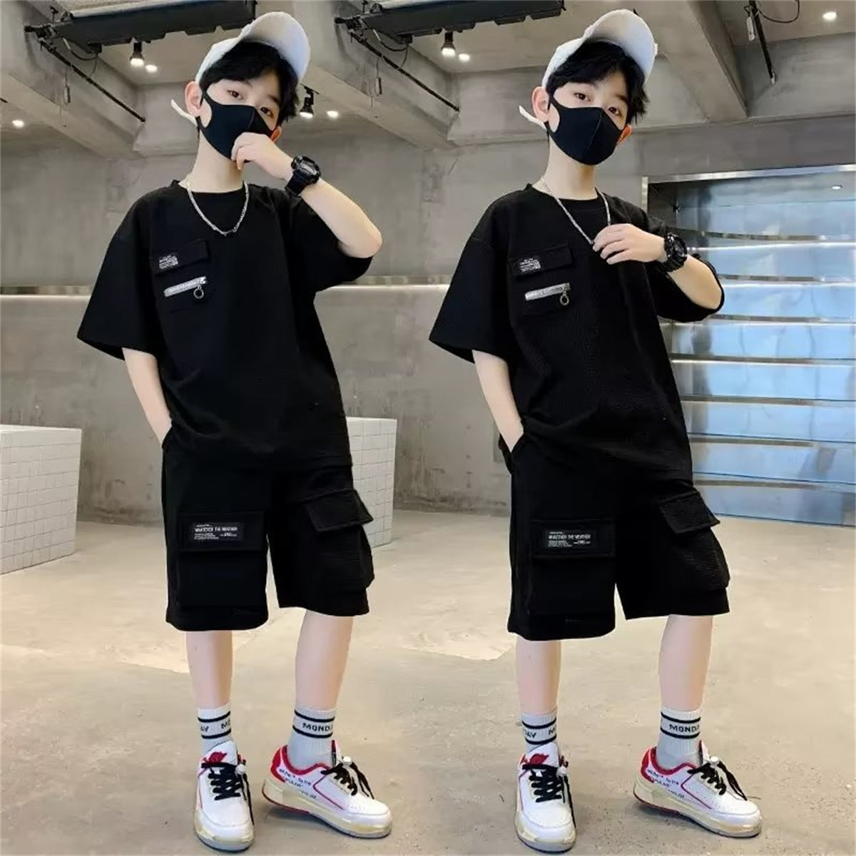 Boys summer suits 2023 new medium and large children's clothing summer boys sports short-sleeved net red fashionable handsome trend