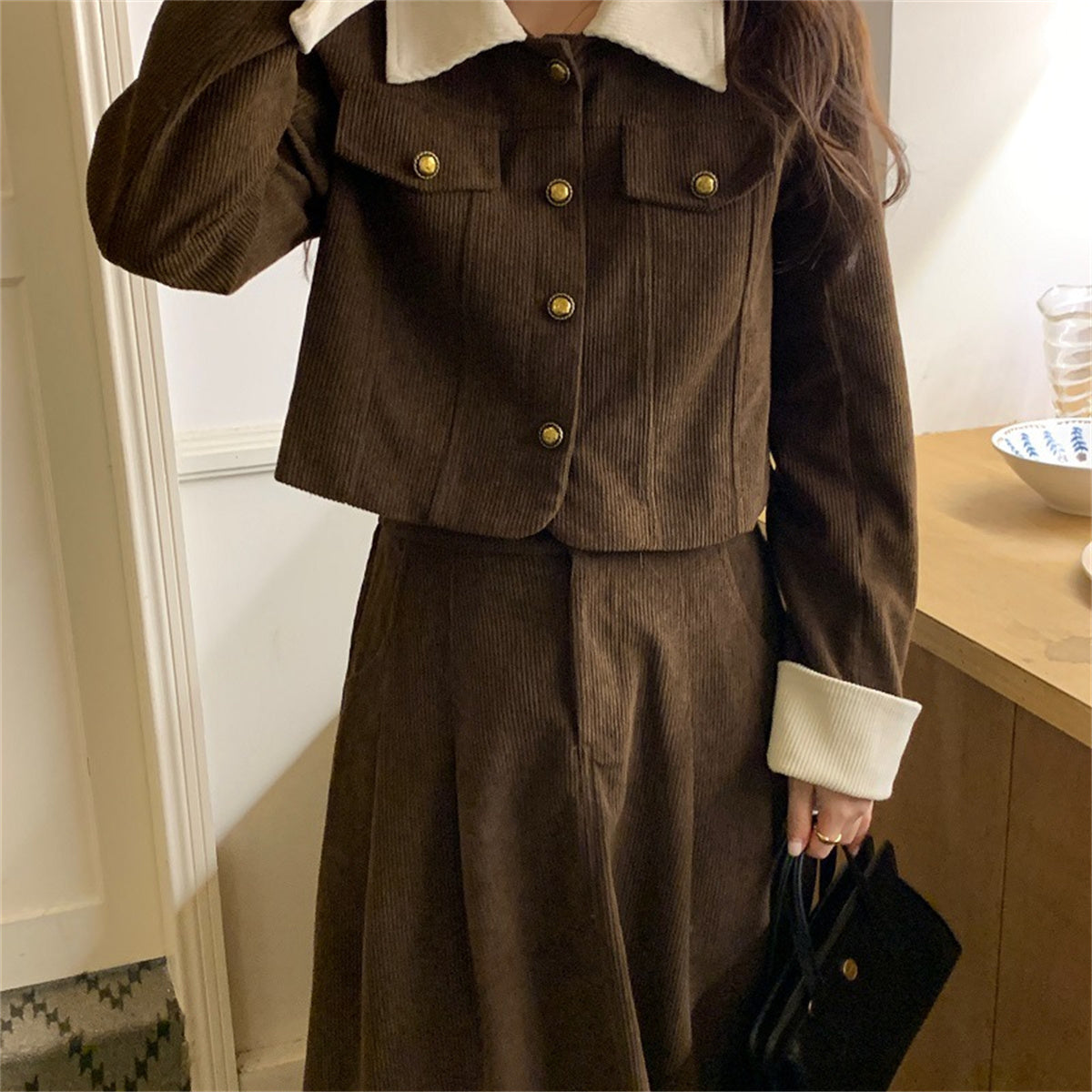 Corduroy contrast lapel short jacket + high waist skirt set