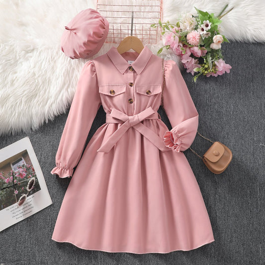 Girls' long-sleeved lapel solid color dress with belt and hat