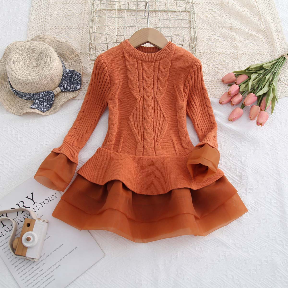 Multicolor Autumn Children's Clothing Knitted Long Sleeve Girls Princess Organza Sweater Dress